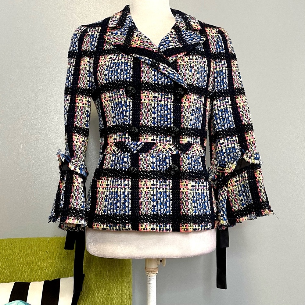 Chanel 2009 Wool Multicolored Plaid Bow Sleeve Blazer Jacket 38
